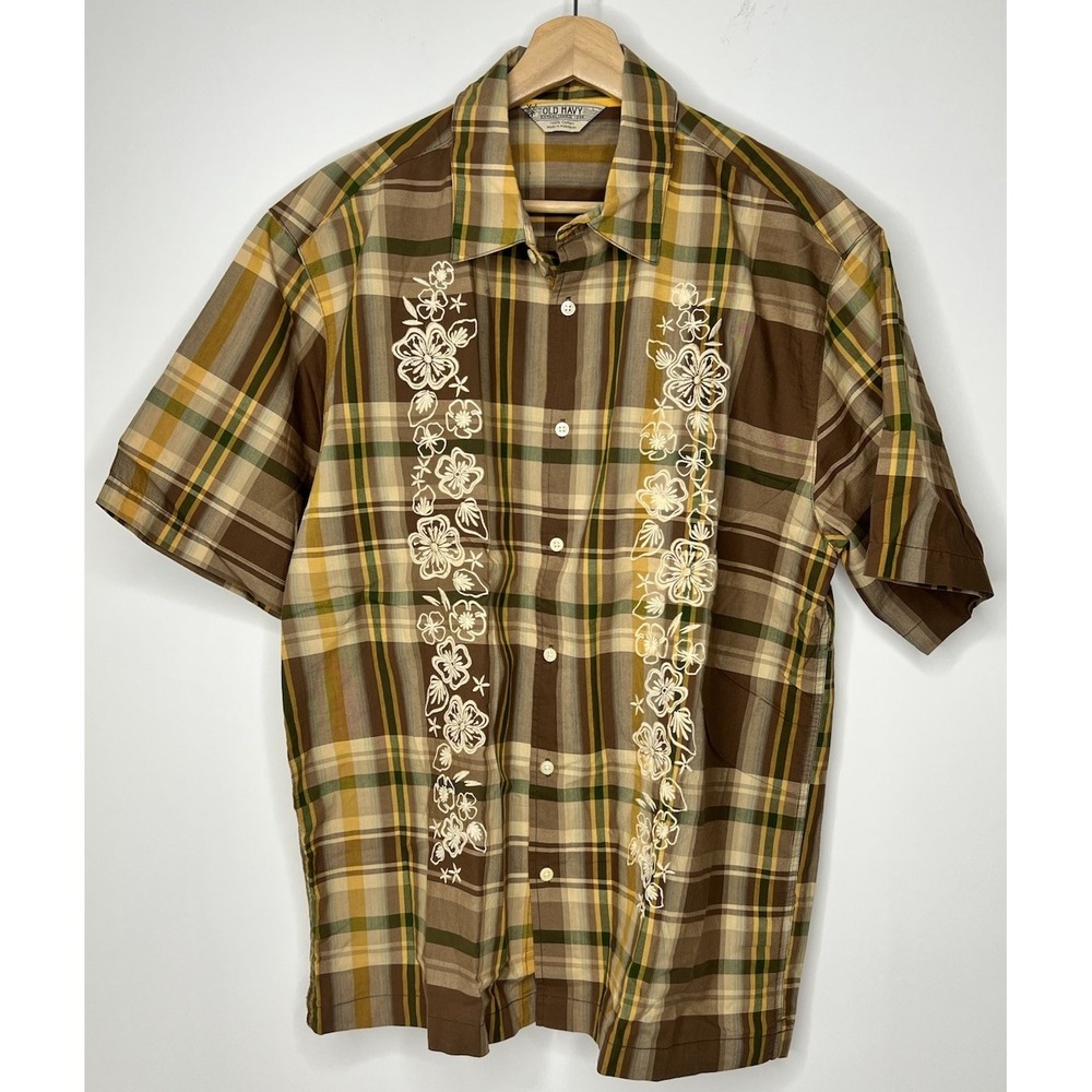 Vintage Old Navy  Plaid Embroidered Hawaiian Shirt Mens Large Cotton Western EUC
